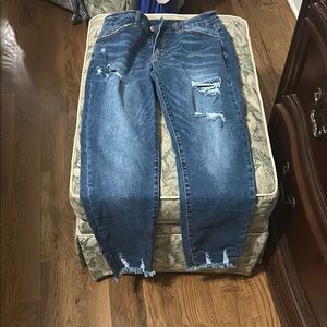 Blue Skinny Distressed Jeans with Frayed Hems